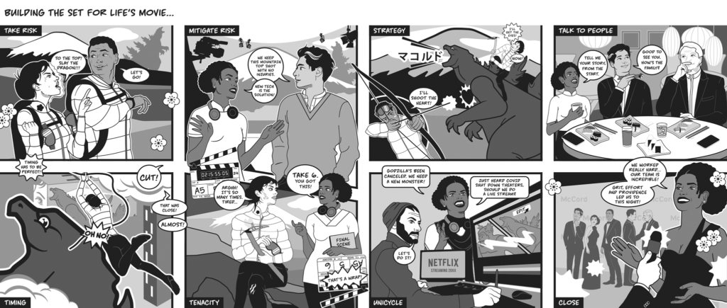 McCord Development Mural Illustration, complete mural with all 8 panels.