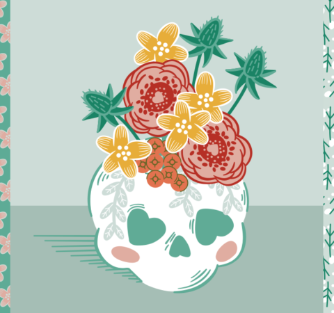 Ghostly Garden Tear Sheet with an image of a skull vase with creepy cute flowers; sea holly, hellobores and yellow star flowers.