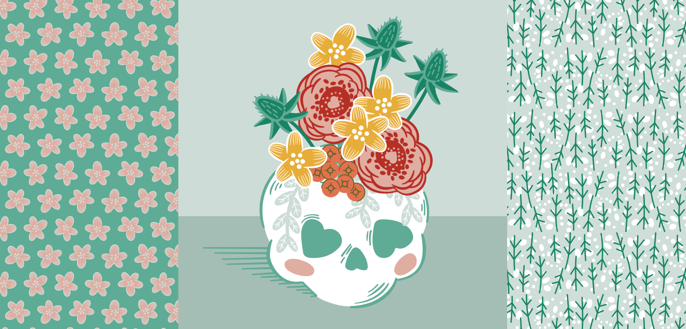 Ghostly Garden Tear Sheet with an image of a skull vase with creepy cute flowers; sea holly, hellobores and yellow star flowers.